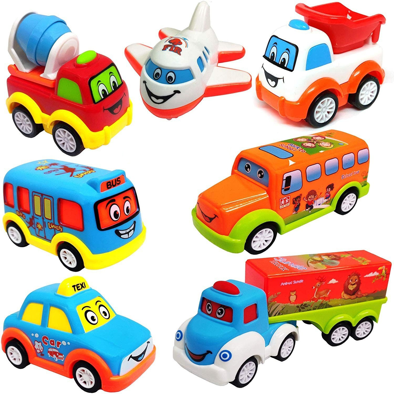 Image of Learn With Fun Unbreakable 7 pcs Pull Back Texi Car Truck Bus Plane Toy for Boys girls Kids