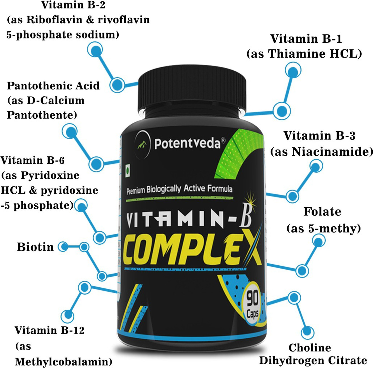 Image of Potentveda Vitamin bcomplex Supplements for Men & Women 90 Capsules