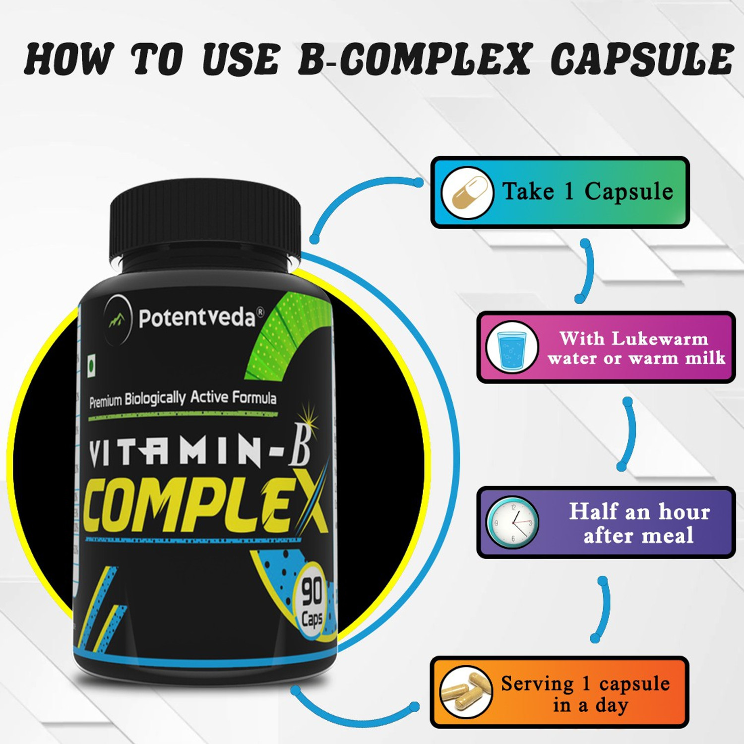 Image of Potentveda Vitamin bcomplex Supplements for Men & Women 90 Capsules