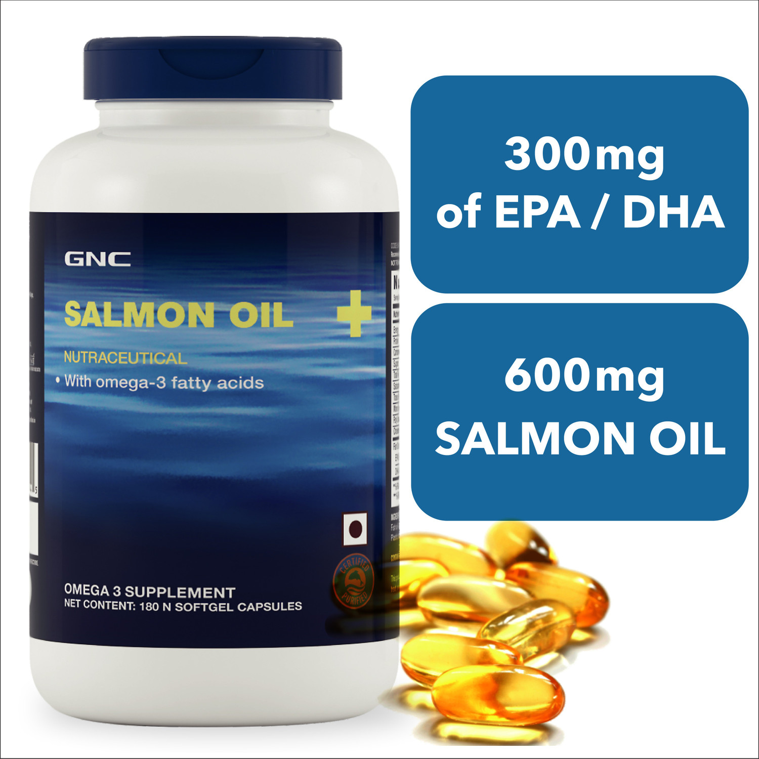 Image of GNC Salmon Oil - 1000 mg Salmon Oil, 300mg mg of highly absorbable EPA /DHA Omega 3s