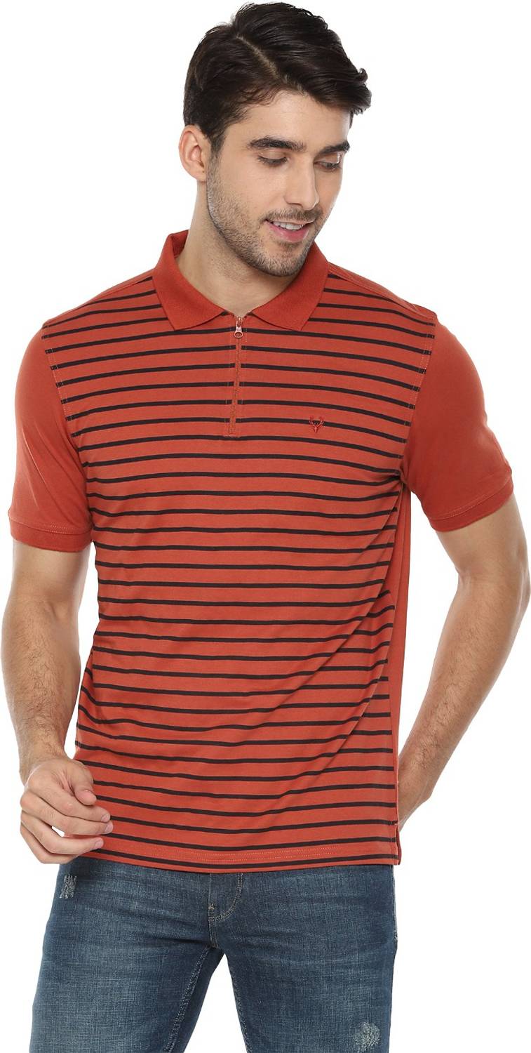 Allen Solly Striped Men Polo Neck Orange T-Shirt