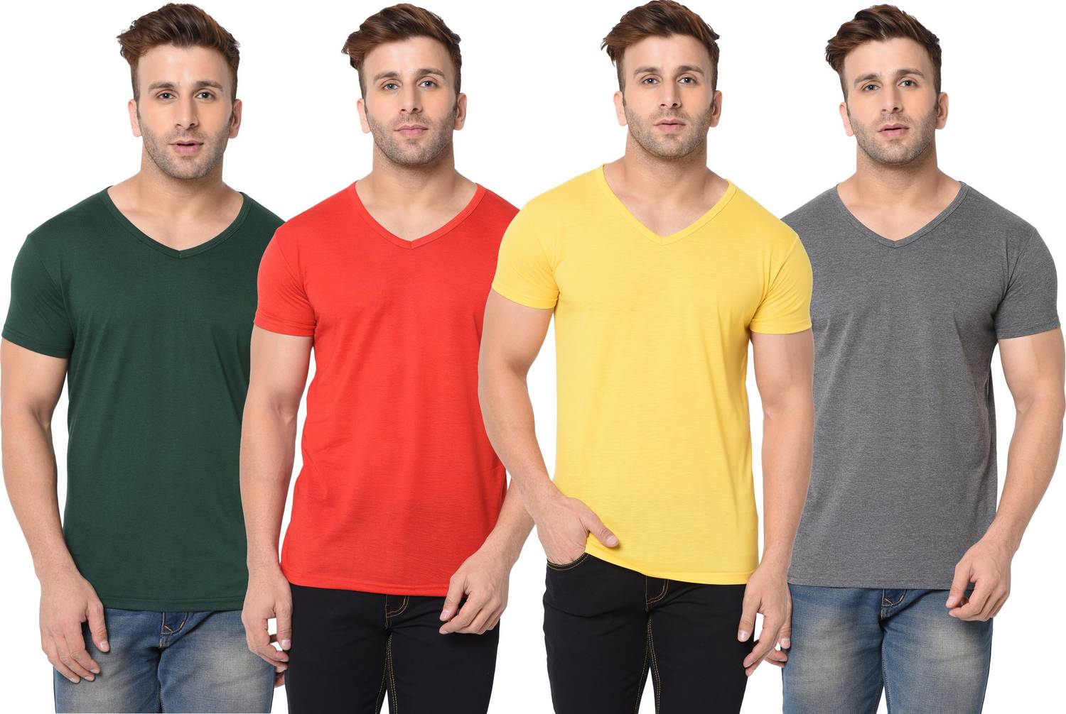 Jangoboy Solid Men V Neck Multicolor T-Shirt