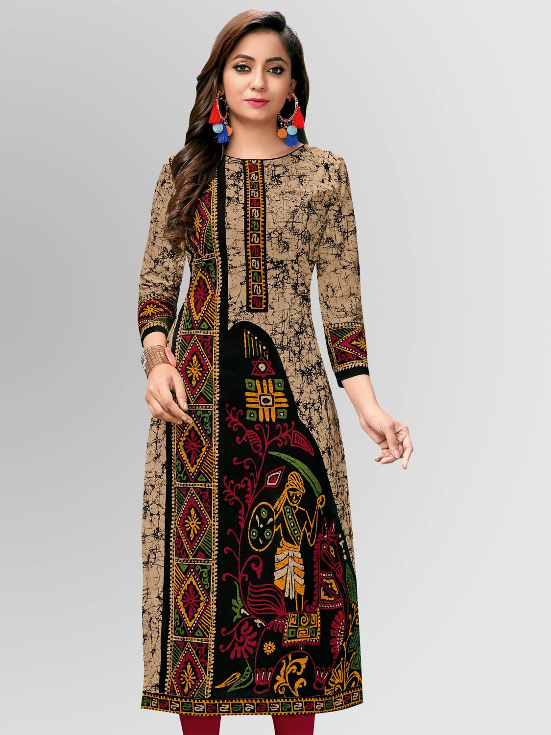 Jevi Prints Women Printed Pure Cotton Straight Kurta (Black, Beig