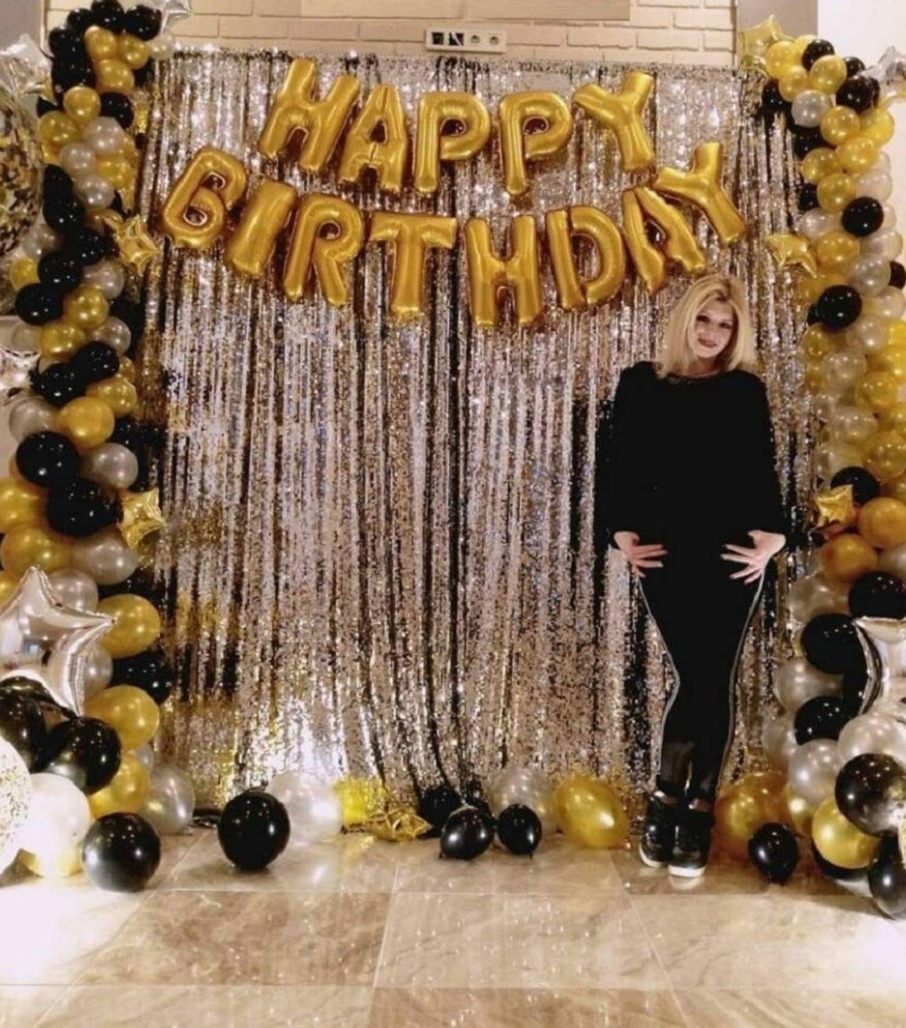 AR giftzadda Happy Birthday Letter Foil Balloon Set of Gold + 2Pcs Silver Fringe Curtain (3 X 6 Feet) + Pack of 50 pcs Metallic Balloons (Black, Gold and Silver)