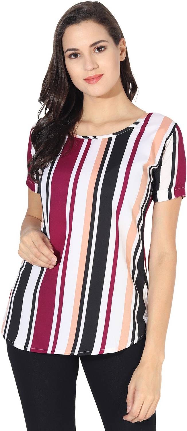 Asad Fashion Casual Regular Sleeve Striped Women Red, White, Black Top