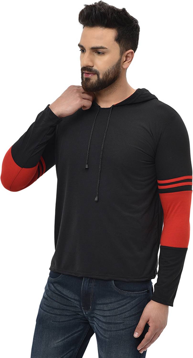 BROIDEN Striped, Solid Men Hooded Neck Red, Black T-Shirt