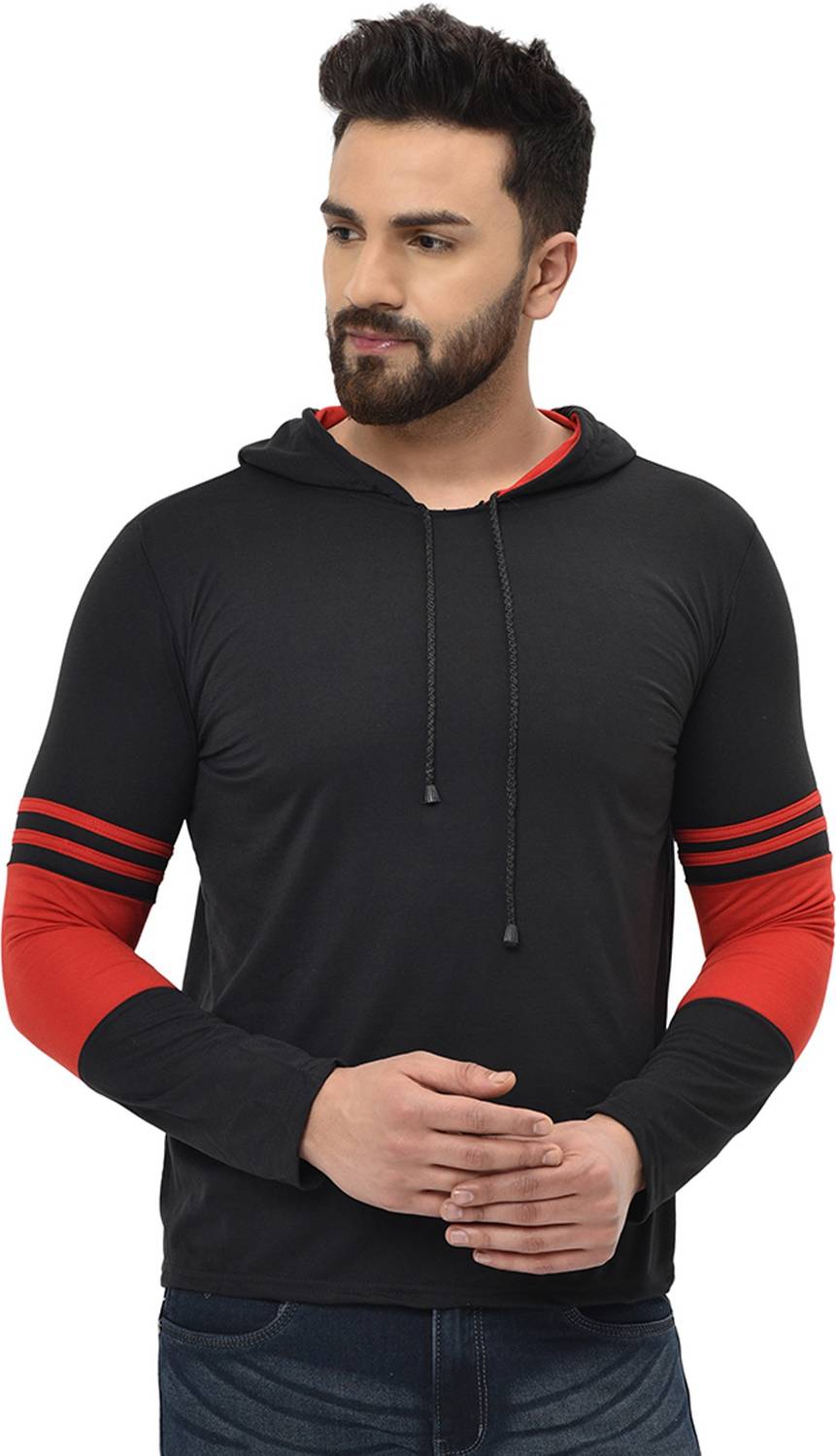 BROIDEN Colorblock Men Hooded Neck Red, Black T-Shirt
