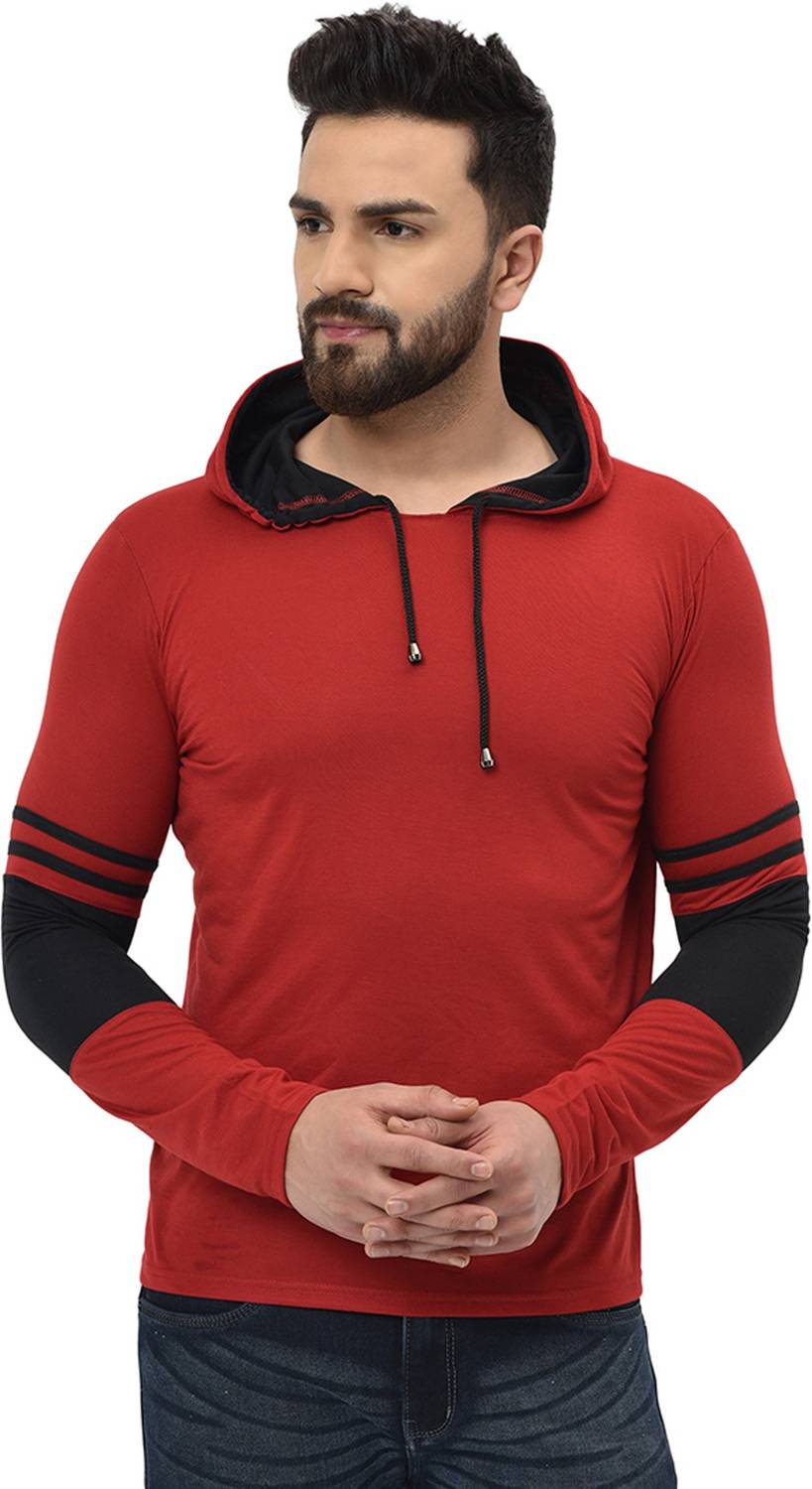 BROIDEN Colorblock Men Hooded Neck Maroon, Black T-Shirt