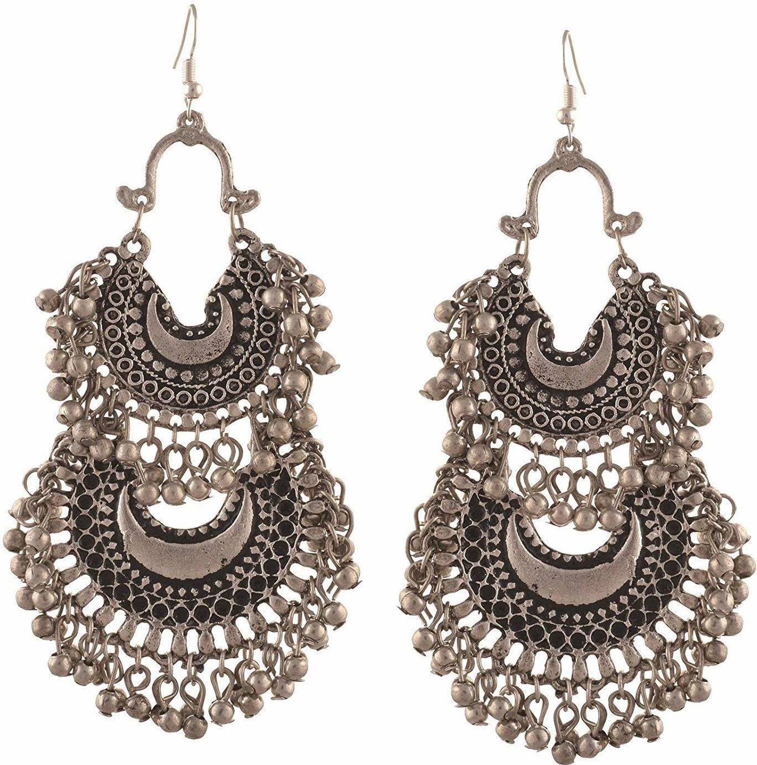 Fashion Factory German Silver Double Chand Silver Earrings Alloy Chandbali Earring
