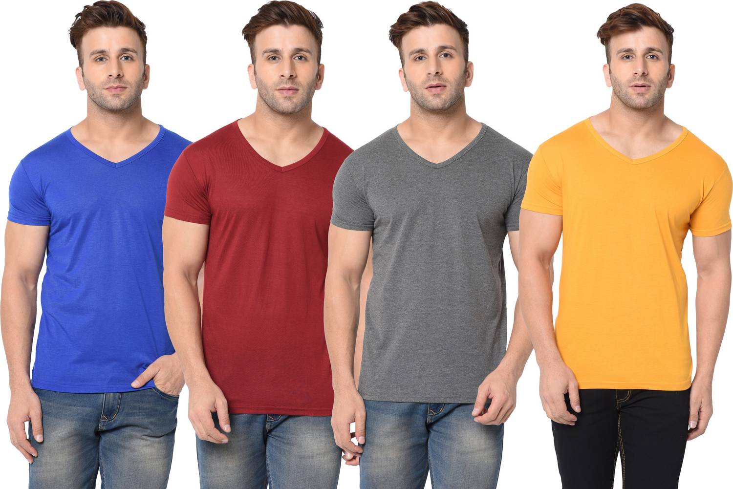 Jangoboy Solid Men V Neck Multicolor T-Shirt