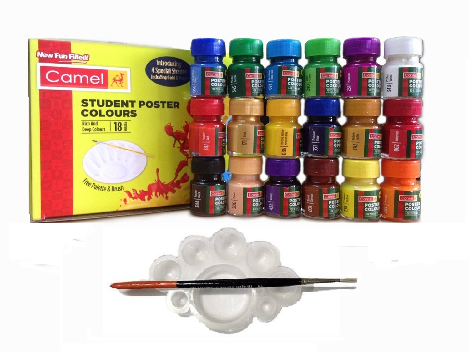 Image of Camlin 18 Shade Poster colour with Tray and Brush