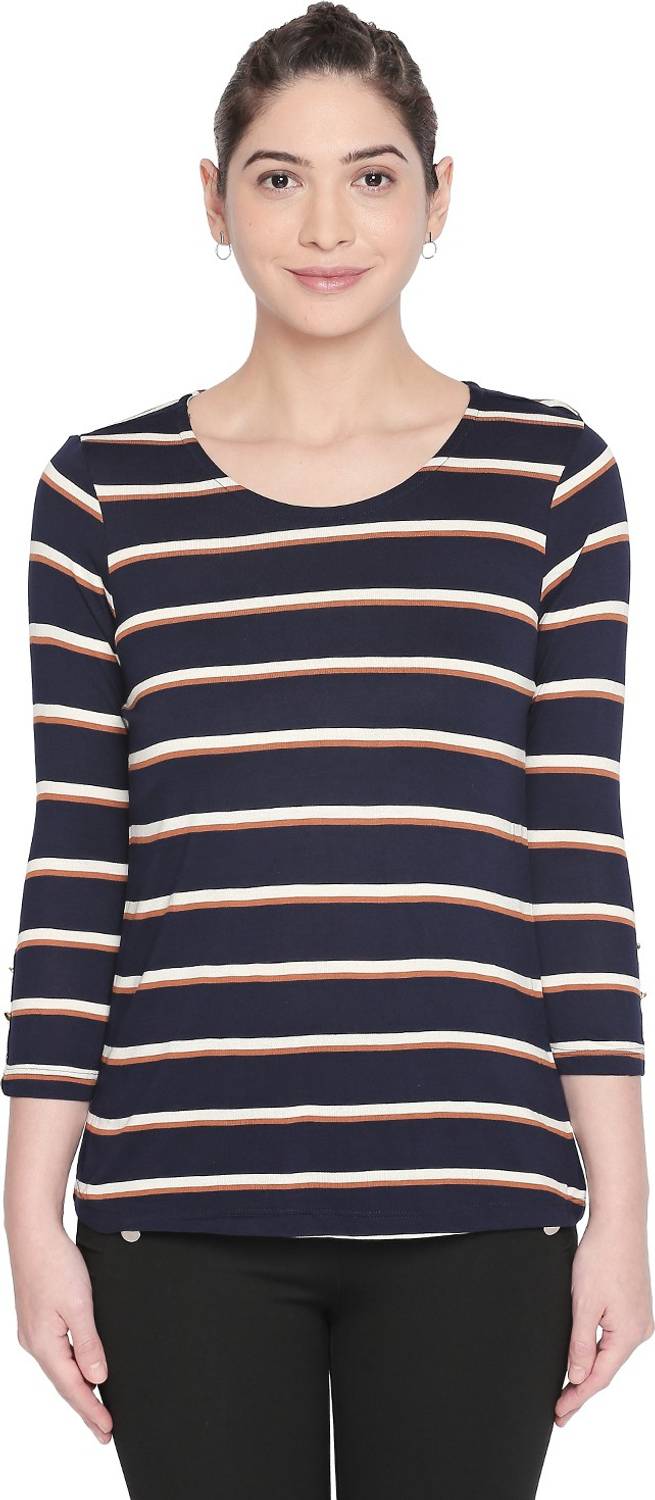 Annabelle by Pantaloons Formal 3/4 Sleeve Striped Women Blue Top