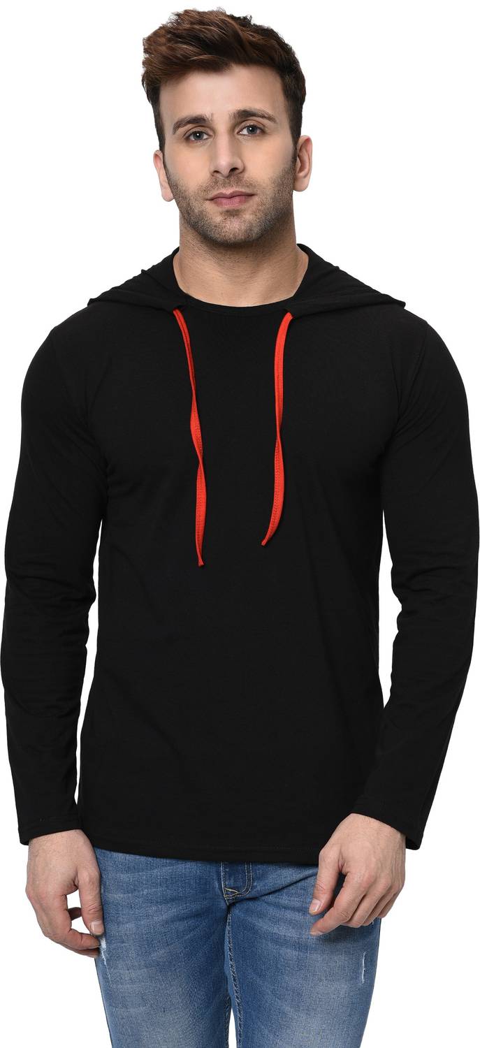 Tivy Solid Men Hooded Neck Black T-Shirt