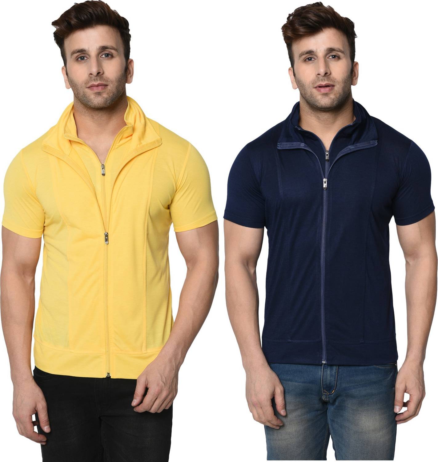 Jangoboy Self Design, Solid Men High Neck Dark Blue, Yellow T-Shirt