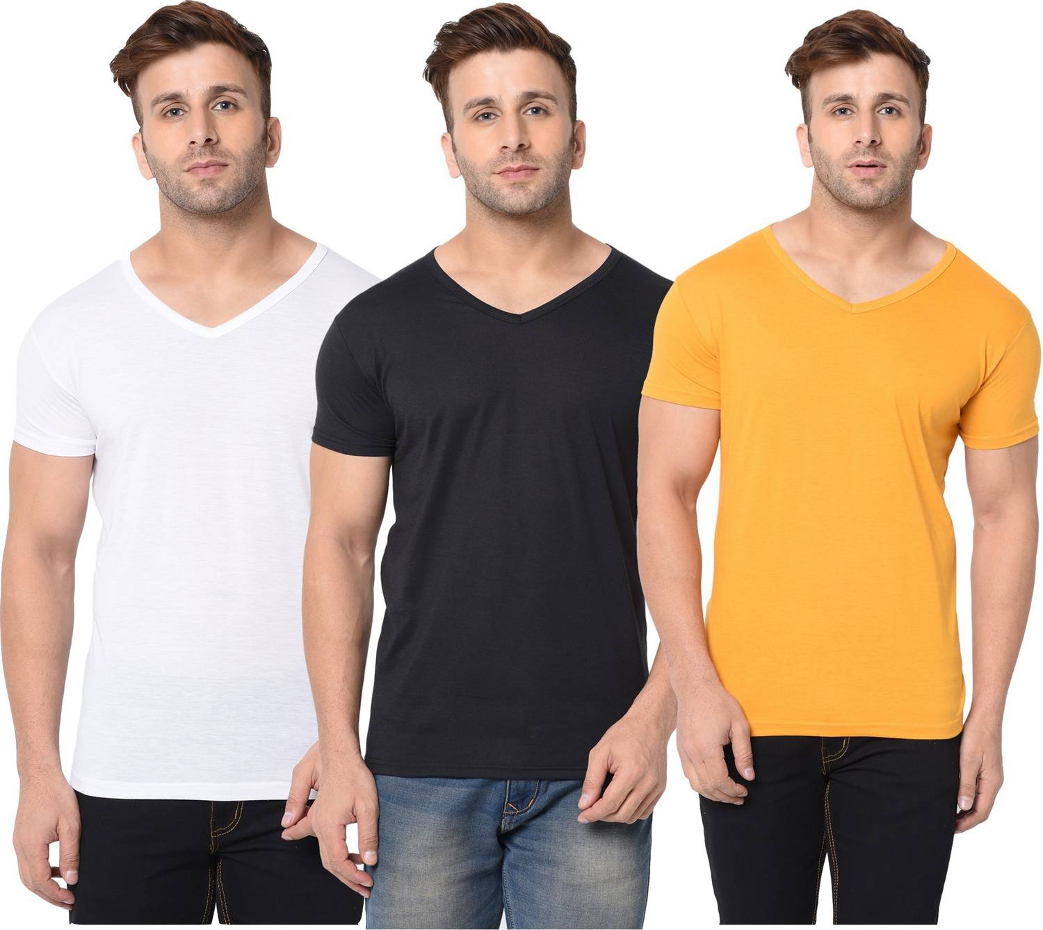 Jangoboy Solid Men V Neck White, Black, Yellow T-Shirt