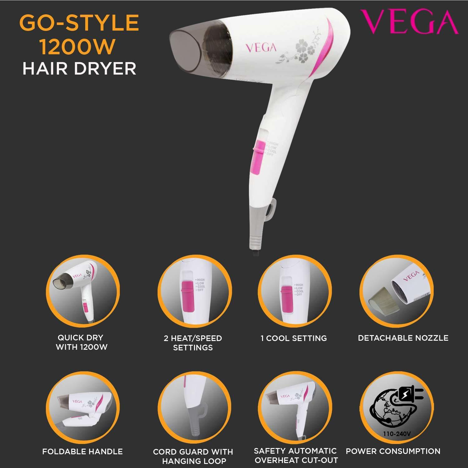 Image of VEGA VHSCC-01 3 in 1 Hair Styler - Straightener, Curler and Crimper & Go Style 1200 Hair Dryer VHDH-18 Personal Care Appliance Combo
