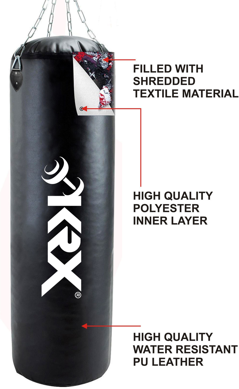 Image of KRX Ultimate 3 Feet Filled Black Punching Bag PU Leather with Chain Hanging Bag
