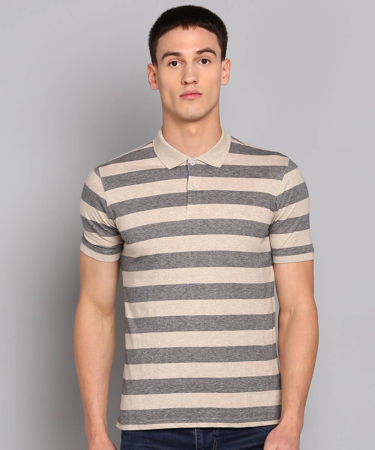 Allen Solly Striped Men Polo Neck Black, Beige T-Shirt