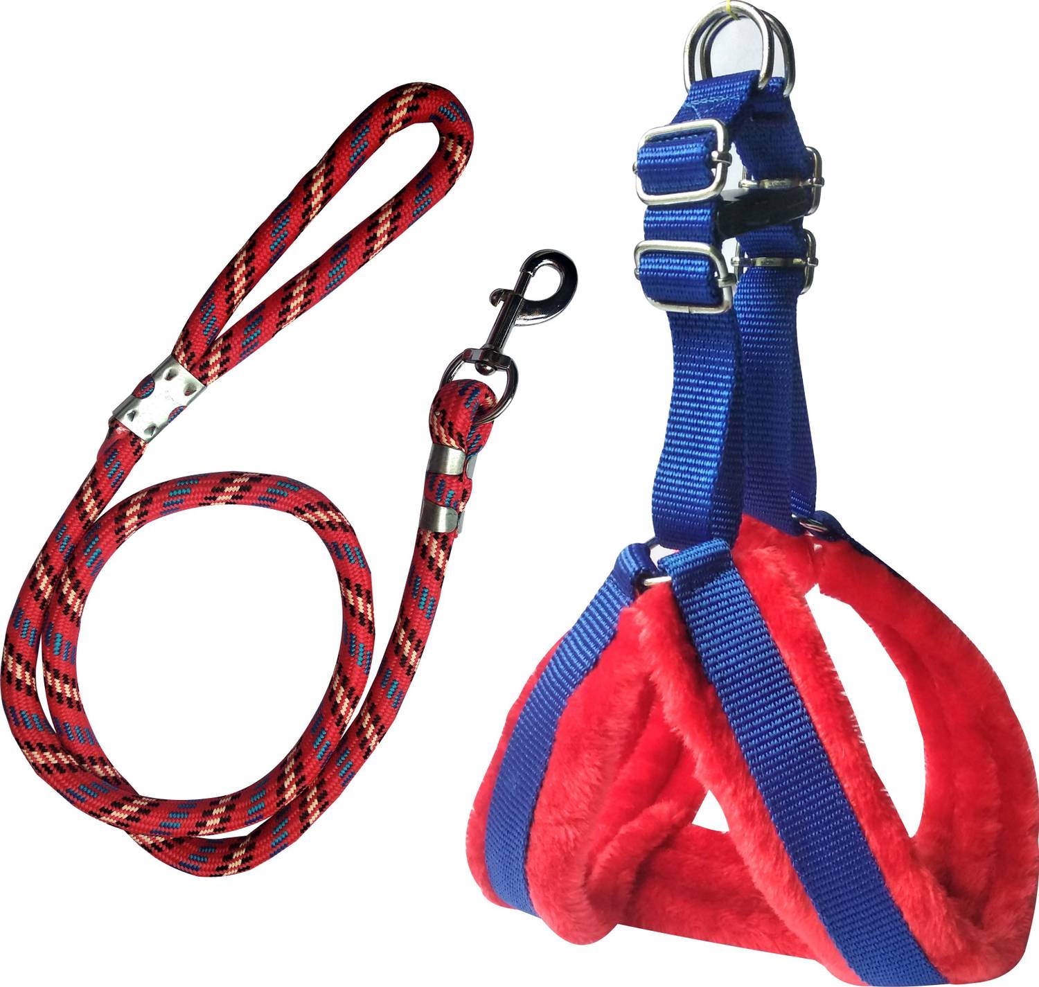 ADIOS Good Quality Dog Belt Combo of Red-Blue Feather Padded Dog Body Cross Harness with Red Lead 1.5m lengthy Dog Harness & Leash