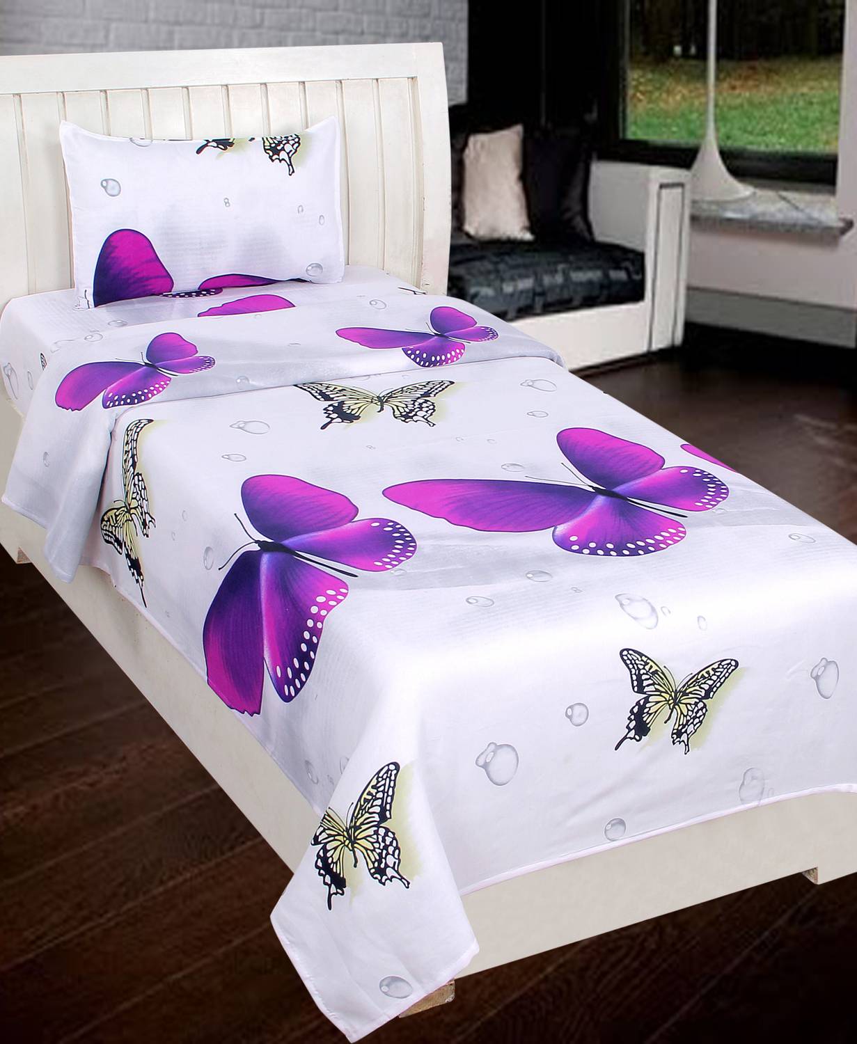 AAKARSH INTERNATIONAL Polycotton Single Flat 144 TC 3D Printed 1 Bedsheet with 2 Pillow Covers