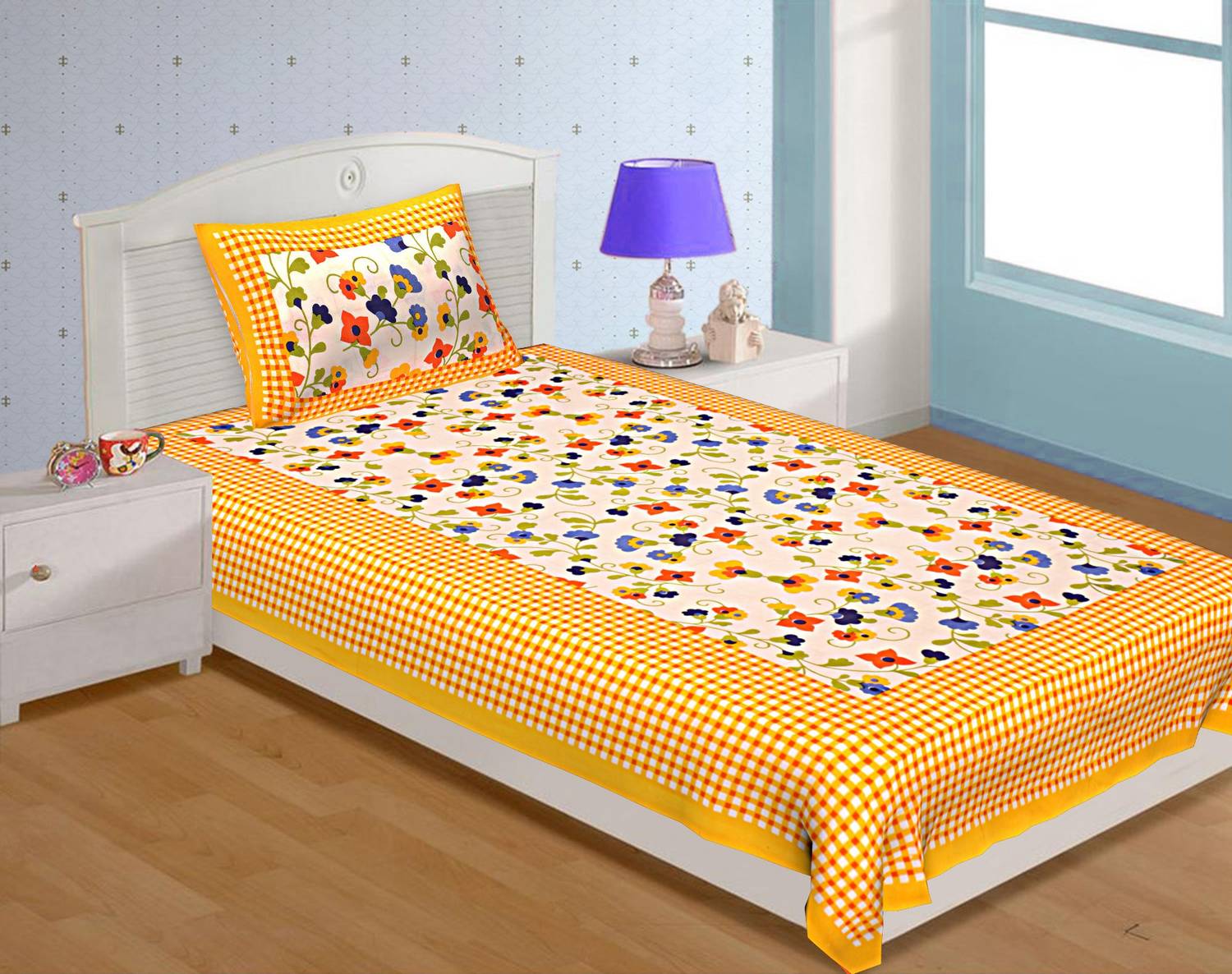 BedZone Cotton Single Flat 180 TC Floral 1 Bedsheet with 2 Pillow Covers