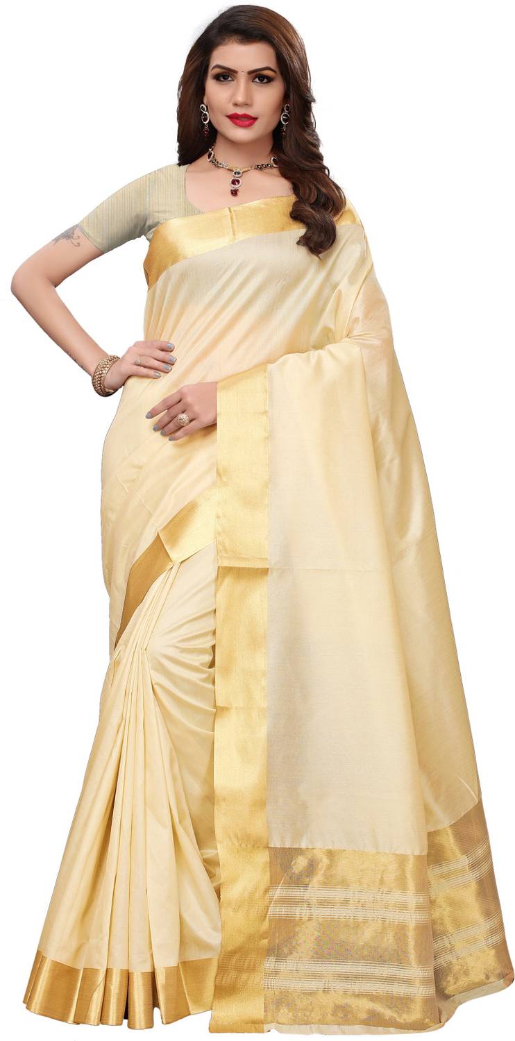 Aaghnya Solid/Plain Kasavu Cotton Silk Saree