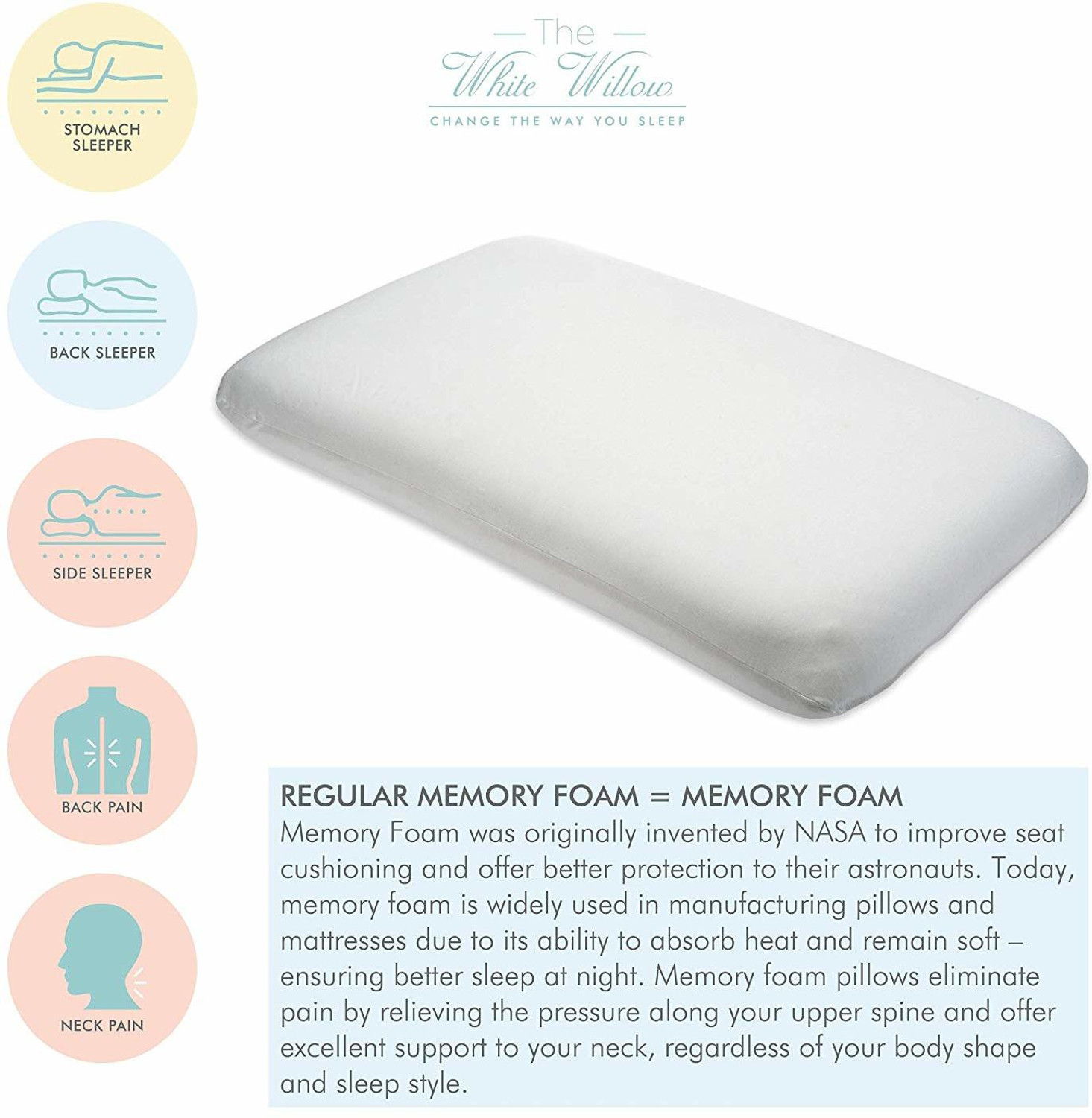 Image of The White Willow Memory Foam Sleeping Pillow Pack of 1 Solid Regular Sleeping Bed Pillow