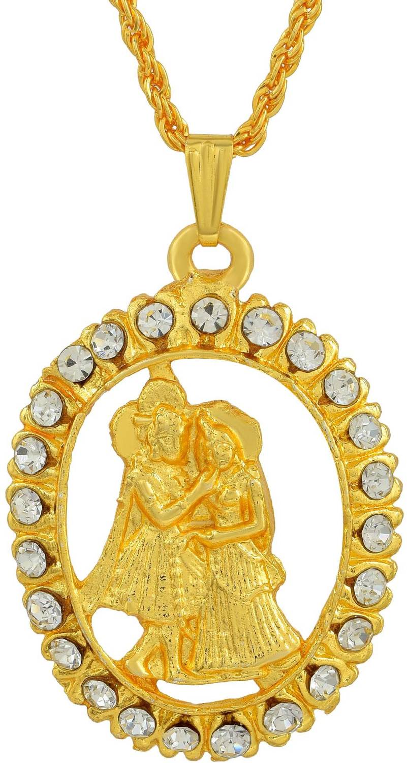 BRBRIK Gold Covered Alloy CZ 24KT Micron, Round Shape Radha Krishna Design, Hindu Pendant Chain for Men and Women Gold-plated Cubic Zirconia Alloy Pendant