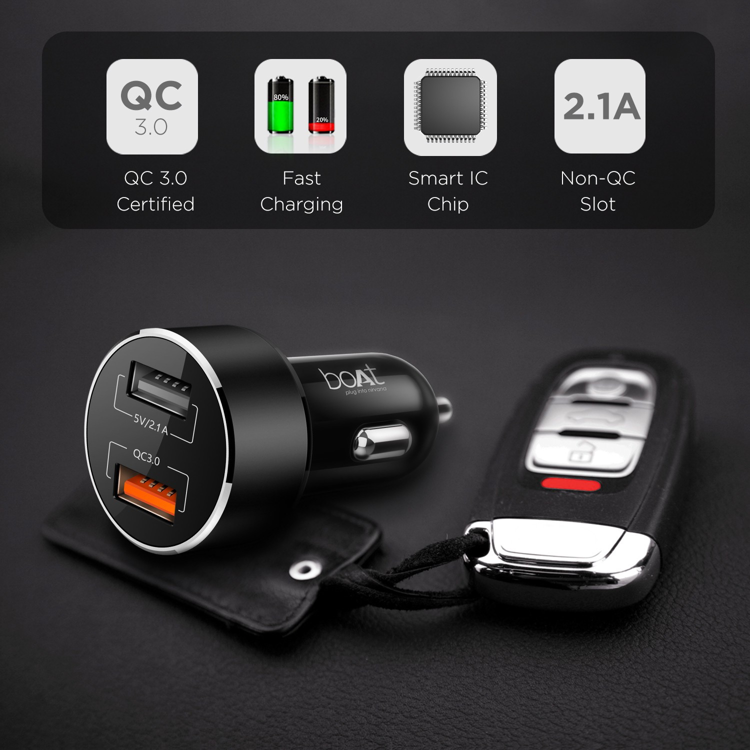 Image of boAt 18 W Qualcomm 3.0 Turbo Car Charger (Black, With USB Cable)
