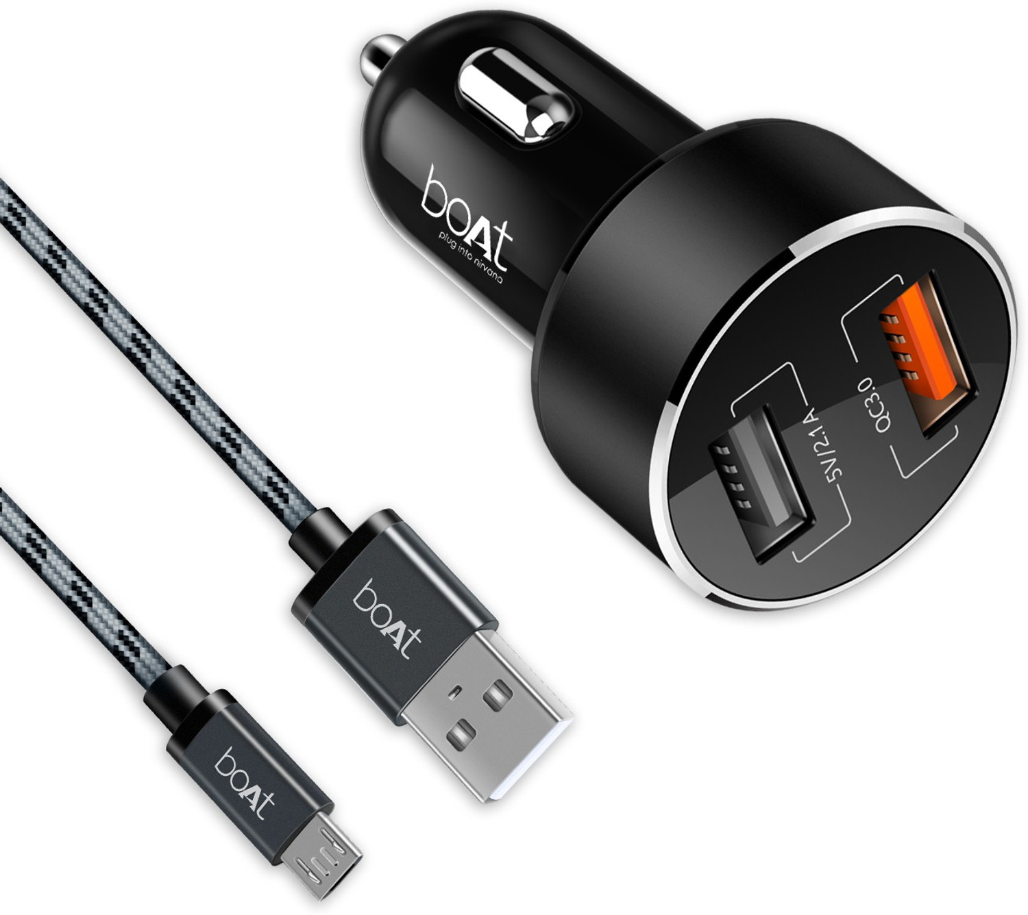 Image of boAt 18 W Qualcomm 3.0 Turbo Car Charger (Black, With USB Cable)