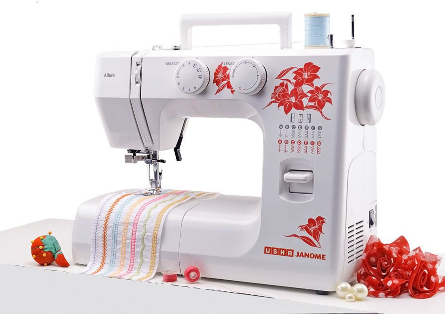 Image of USHA automatic zig-zag Allure dlx with accesories Electric Sewing Machine 21 built-in stitches 900 SPM 24 Months Warranty white with red painted
