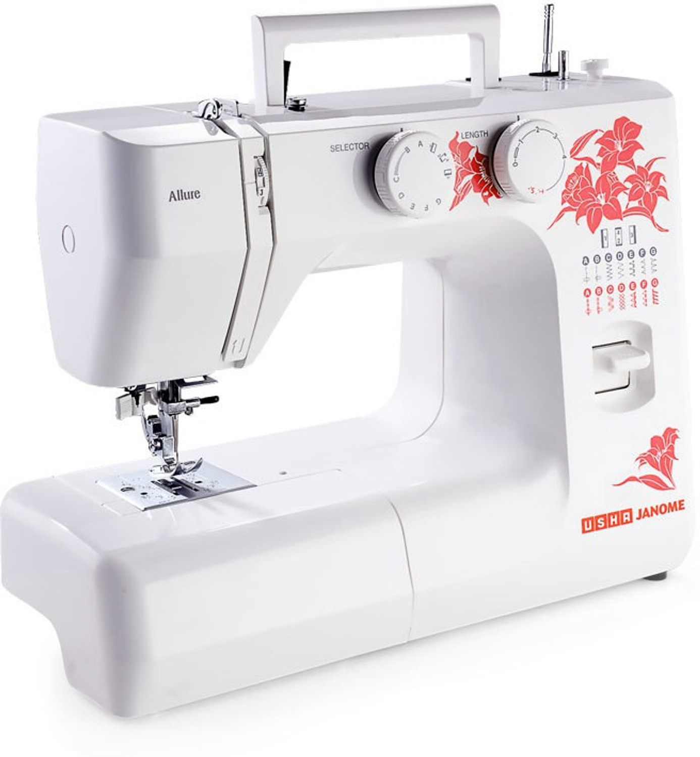 Image of USHA automatic zig-zag Allure dlx with accesories Electric Sewing Machine 21 built-in stitches 900 SPM 24 Months Warranty white with red painted