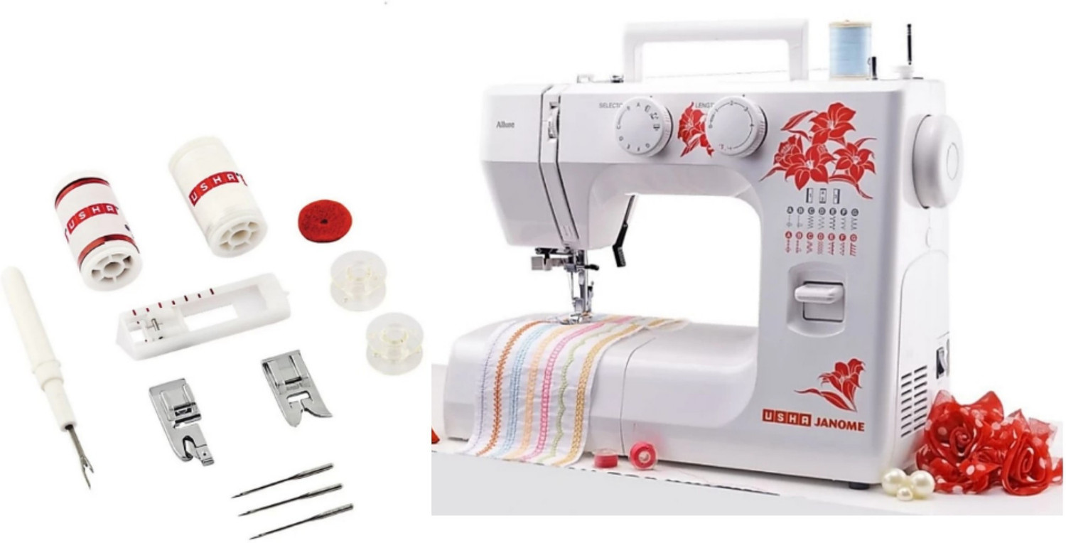 Image of USHA automatic zig-zag Allure dlx with accesories Electric Sewing Machine 21 built-in stitches 900 SPM 24 Months Warranty white with red painted