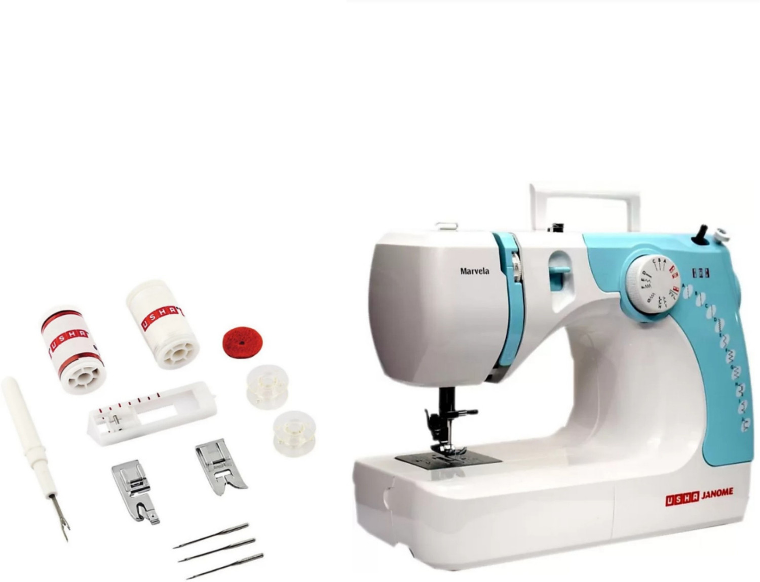 Image of USHA automatic zigzag marvela blue Electric Sewing Machine 14 built-in stitches 550 SPM 24 Months Warranty white,blue