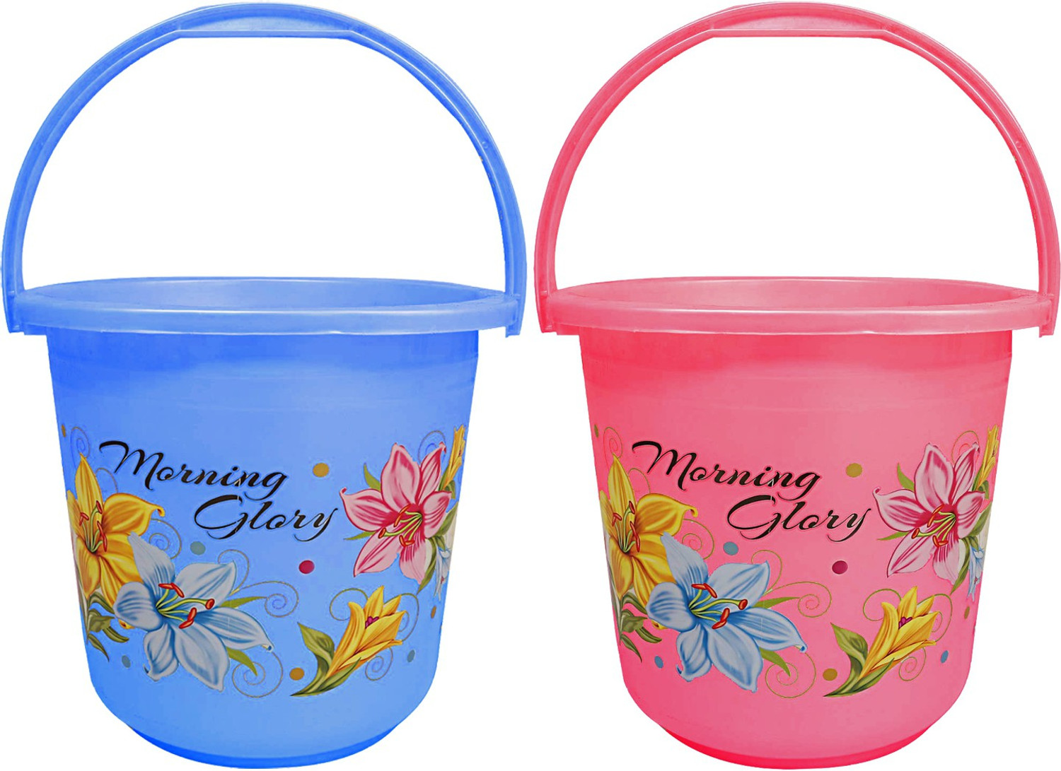 Image of KUBER INDUSTRIES Floral Print 2 Pieces Unbreakable Strong Plastic Bathroom Bucket 16 Ltr (Blue & Pink) -CTKTC34875 16 L Plastic Bucket