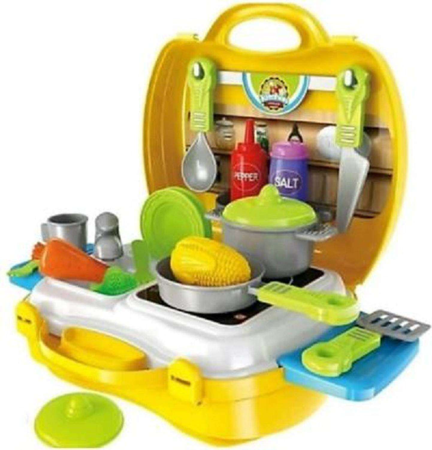 Toyji 26 Pieces Kitchen Set Pretend Play Toys for Girls with Suitcase Carry Case, Yellow Color (Kitchen Set