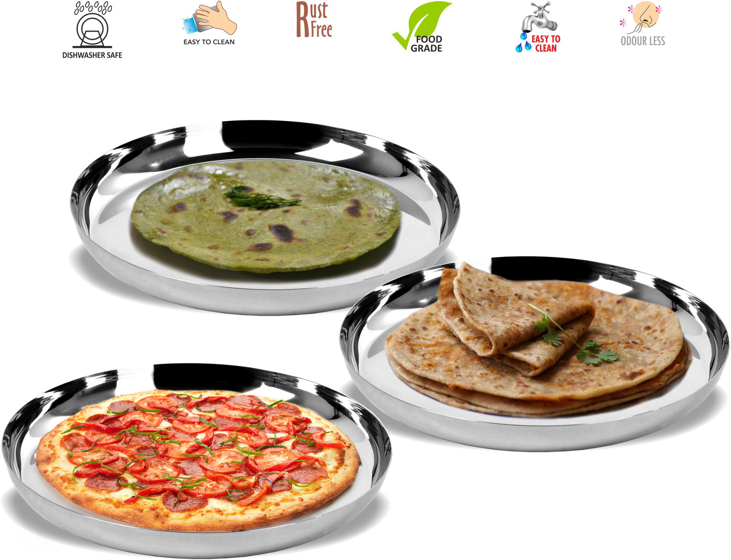 Image of Sumeet Stainless Steel Apple Shape Heavy Gauge Dinner Plates 29.5cm Dia - Set of 3pc Dinner Plate