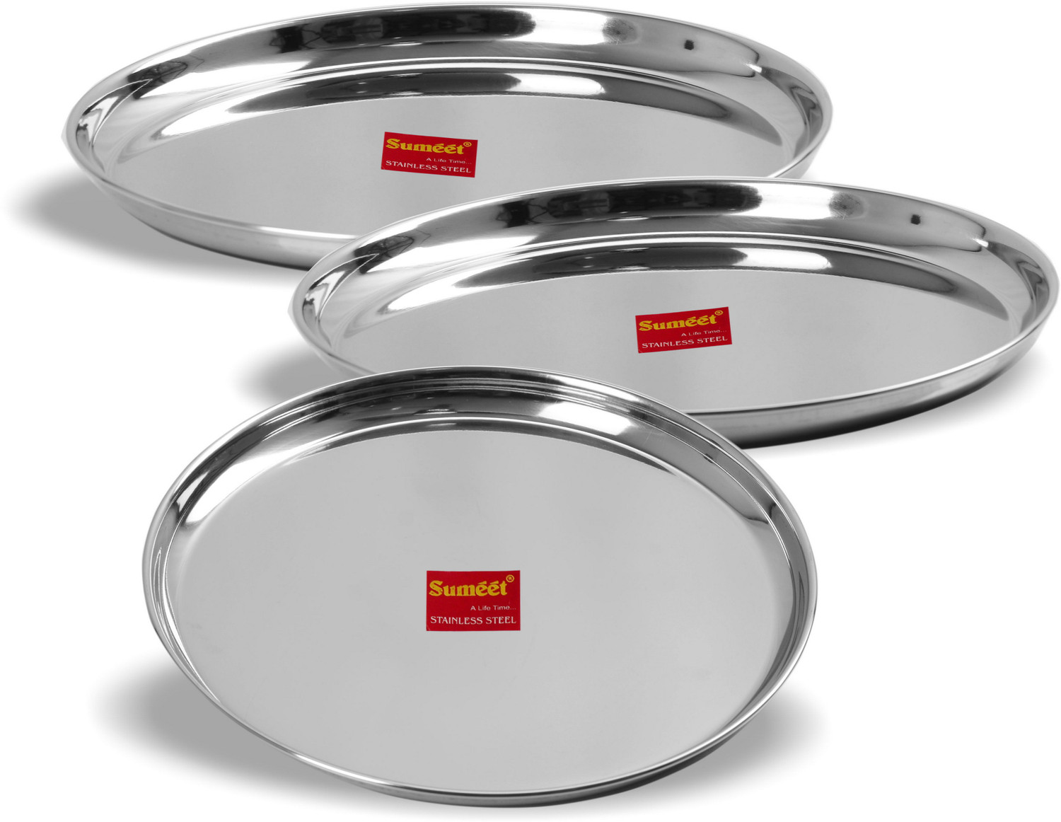 Image of Sumeet Stainless Steel Heavy Gauge Dinner Plates with Mirror Finish 30cm Dia - Set of 3pc Dinner Plate