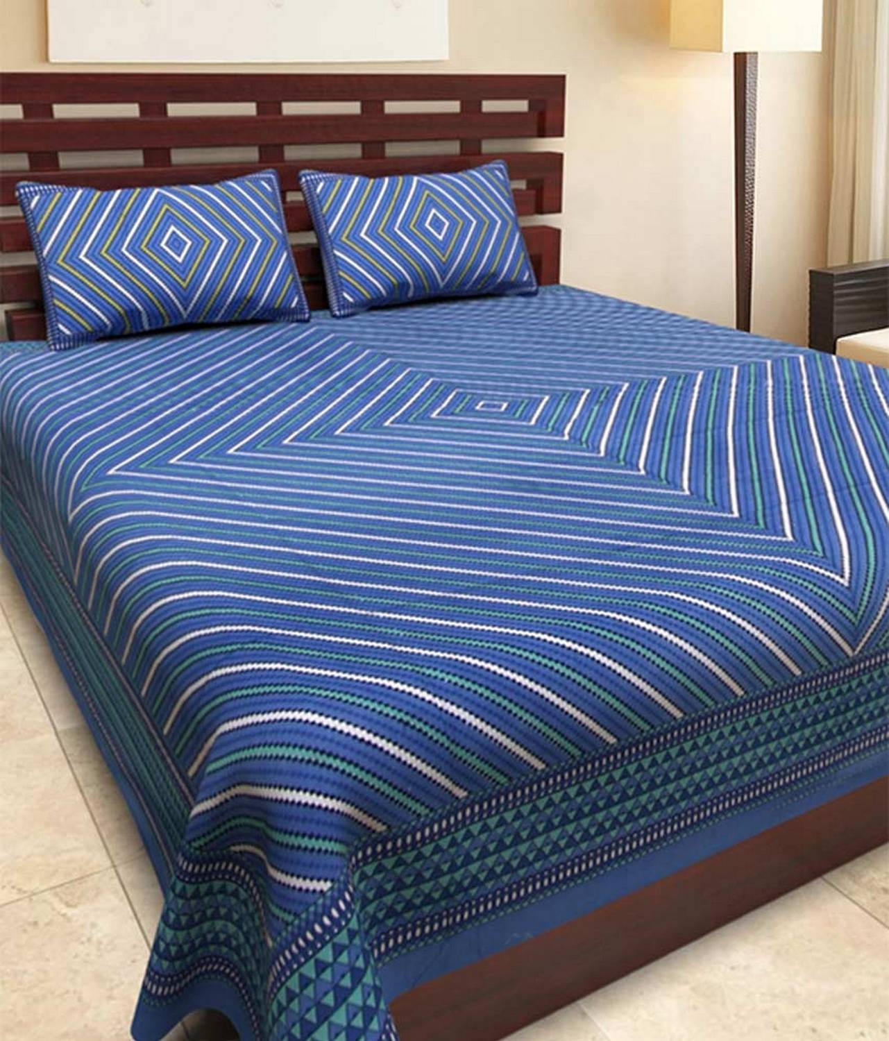 Aadhira Interio Cotton King Fitted (Elastic) 220 TC Striped 1 Bedsheet with 2 Pillow Covers