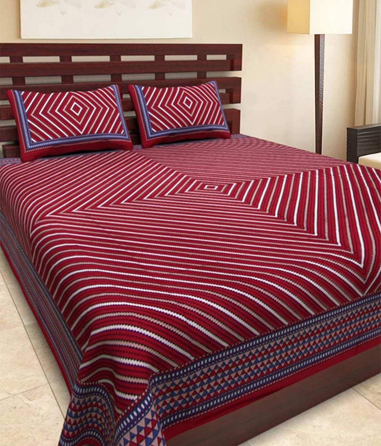Aadhira Interio Cotton King Fitted (Elastic) 220 TC Striped 1 Bedsheet with 2 Pillow Covers