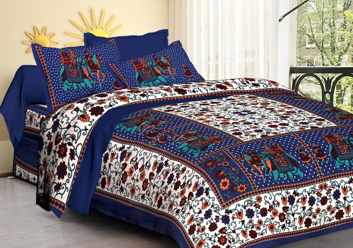 Aadhira Interio Cotton Double Flat 144 TC Printed 1 Bedsheet with 2 Pillow Covers