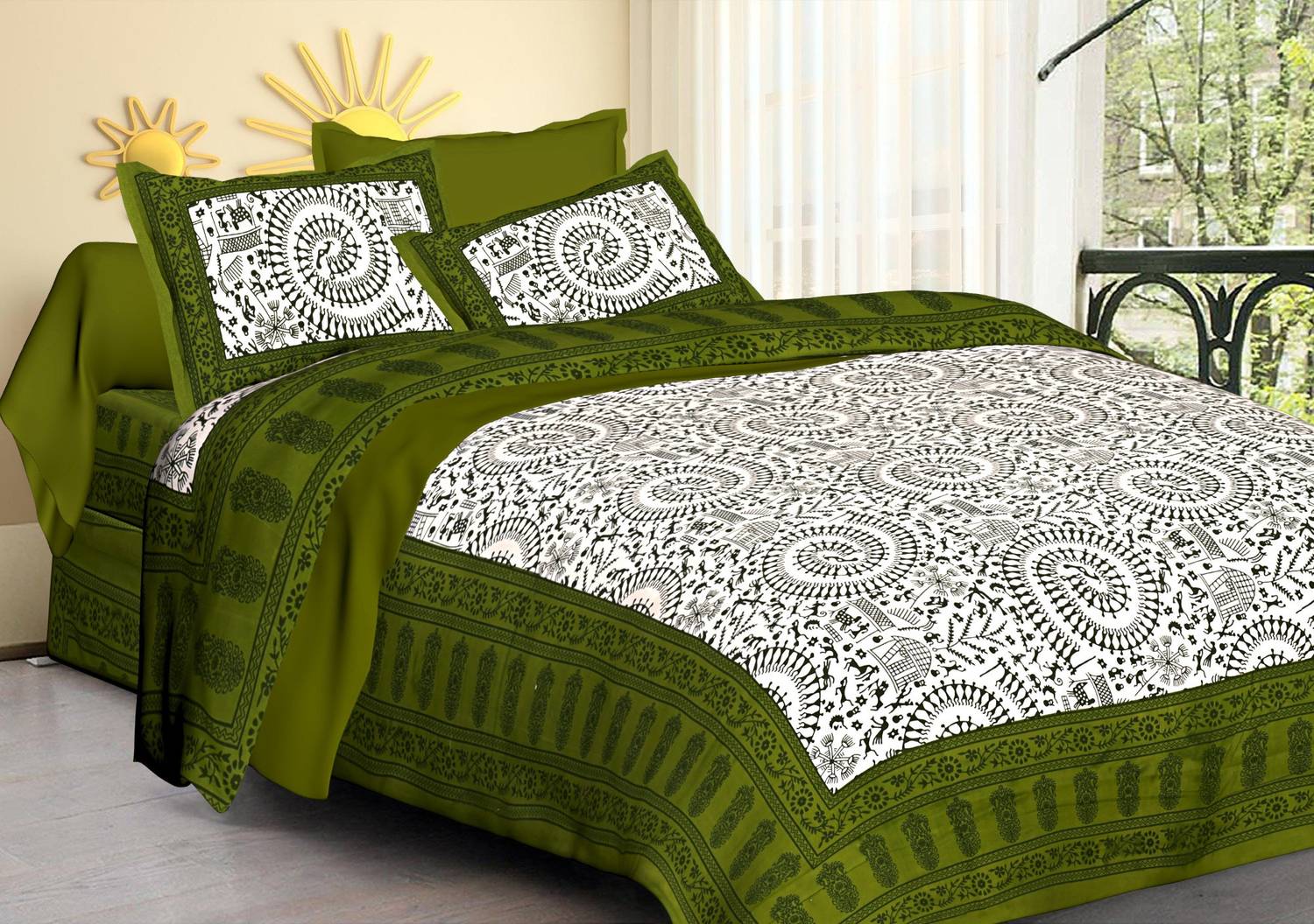 Aadhira Interio Cotton Double Flat 228 TC 3D Printed 1 Bedsheet with 2 Pillow Covers