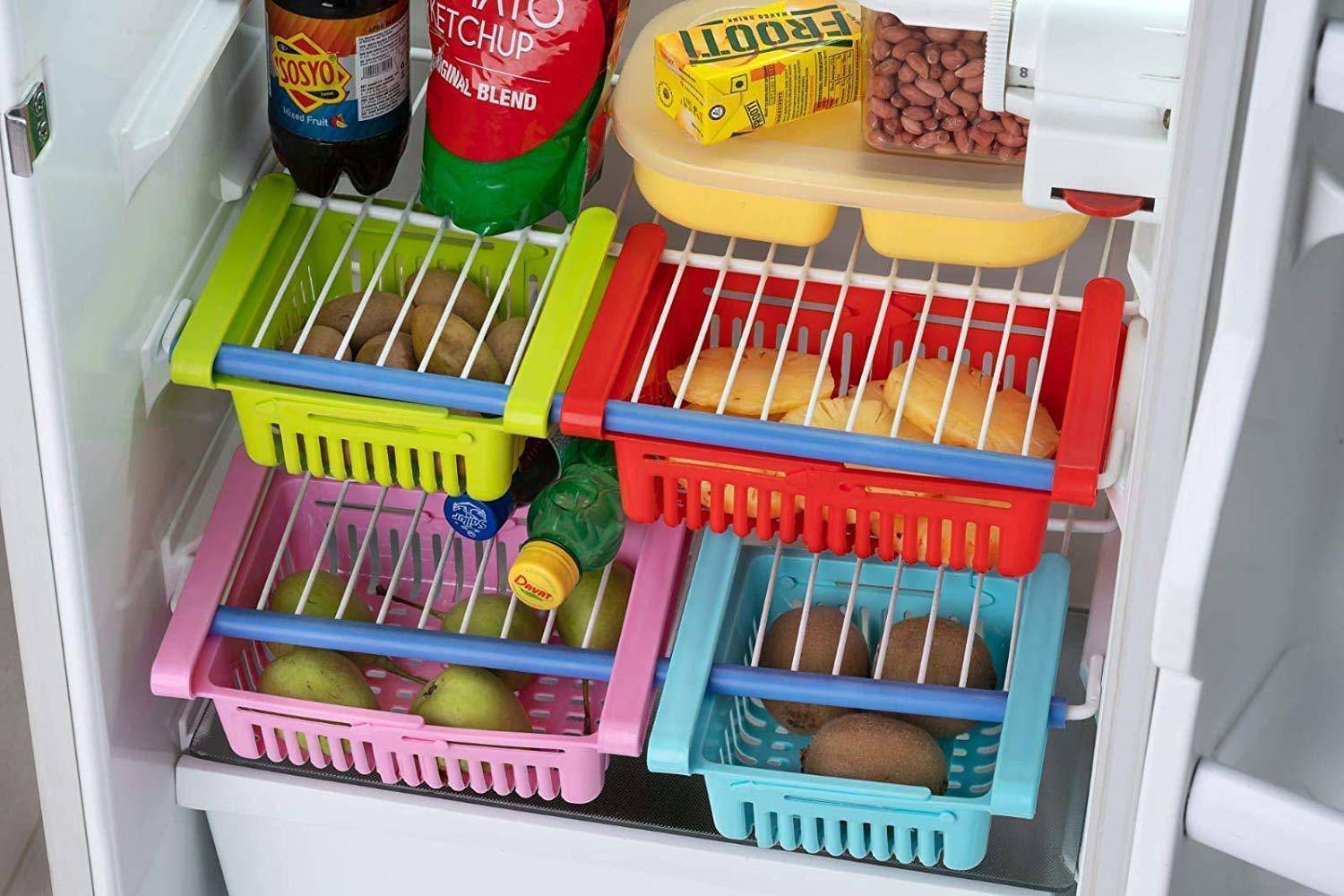 AMAZEE Fruits/Vegetables Kitchen Rack Plastic Set of 4 Adjustable Refrigerator Storage Basket, Tray, Shelves Expandable Fridge Rack, Sliding Vegetable Organizer Tray Box, Freeze Space Saver Drawer-Multicolor