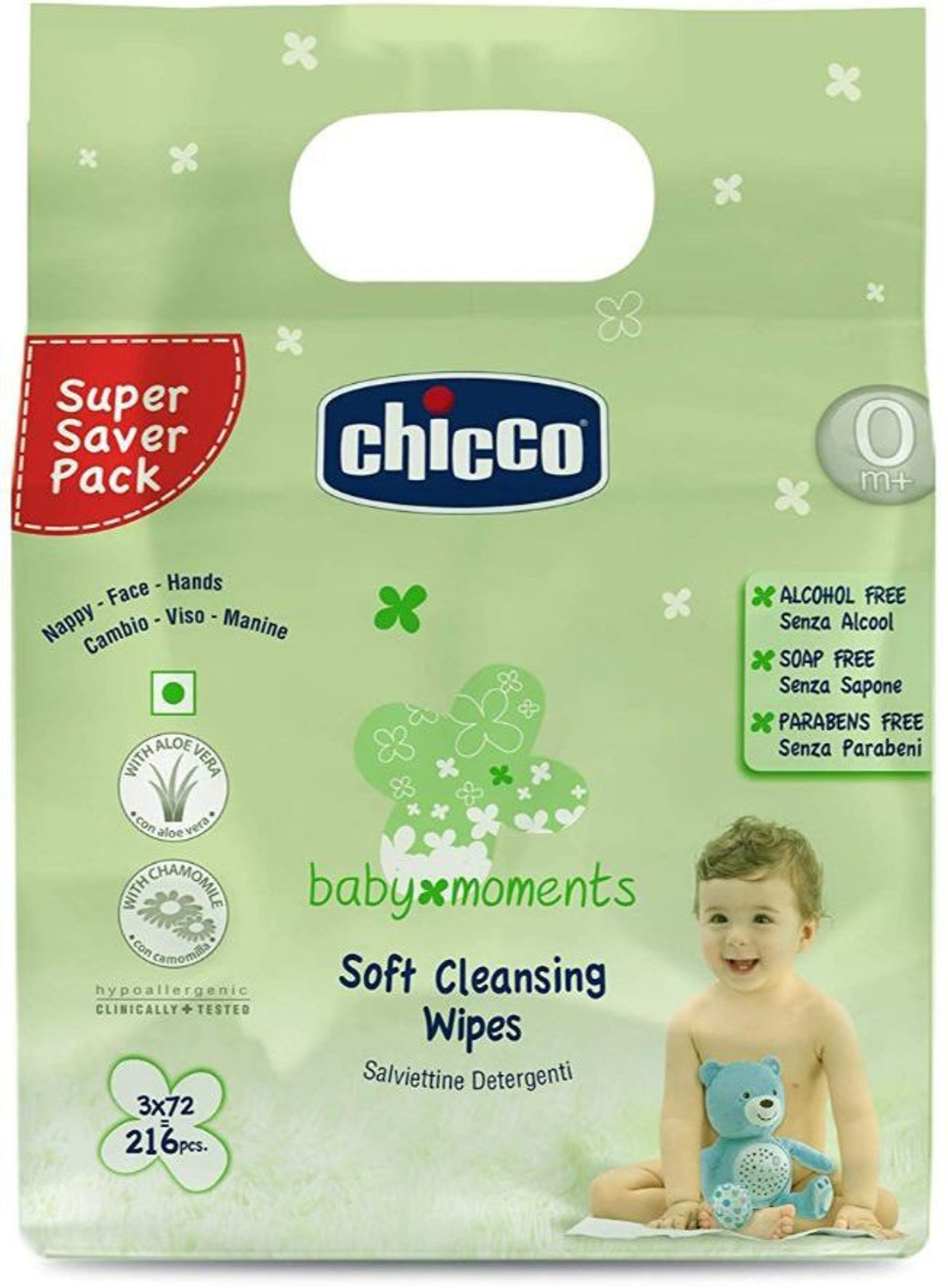 Image of Chicco Soft cleansing wipes Tripack ( 216 pcs) (Sticker pack)