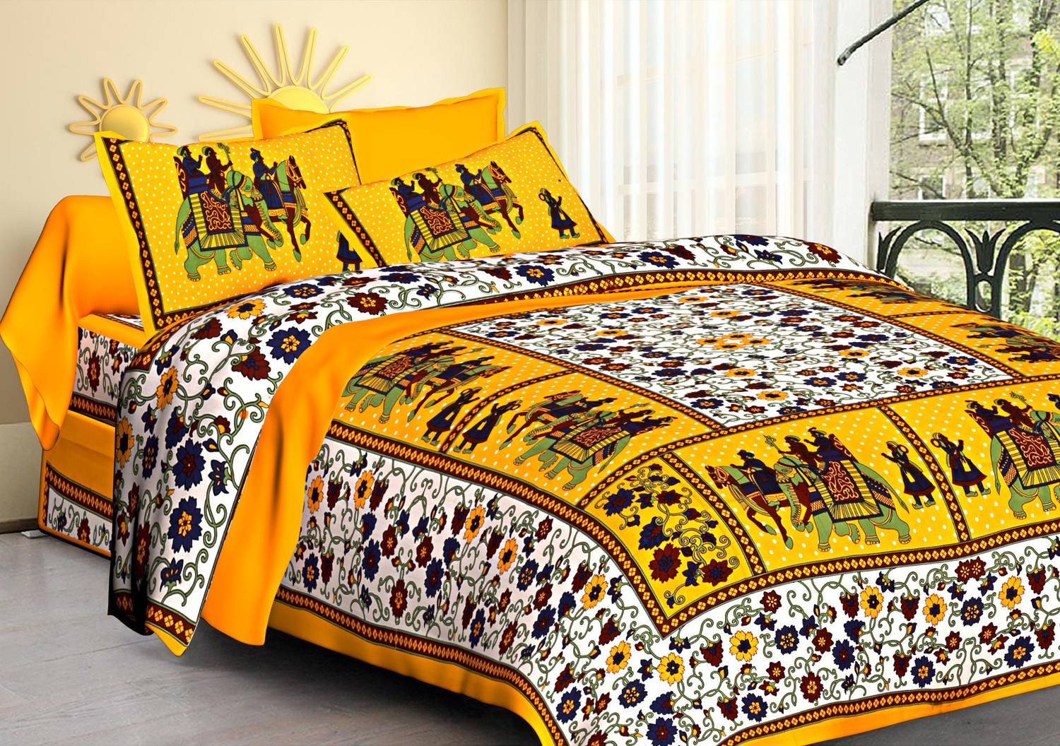 Aadhira Interio Cotton Double Flat 144 TC Printed 1 Bedsheet with 2 Pillow Covers
