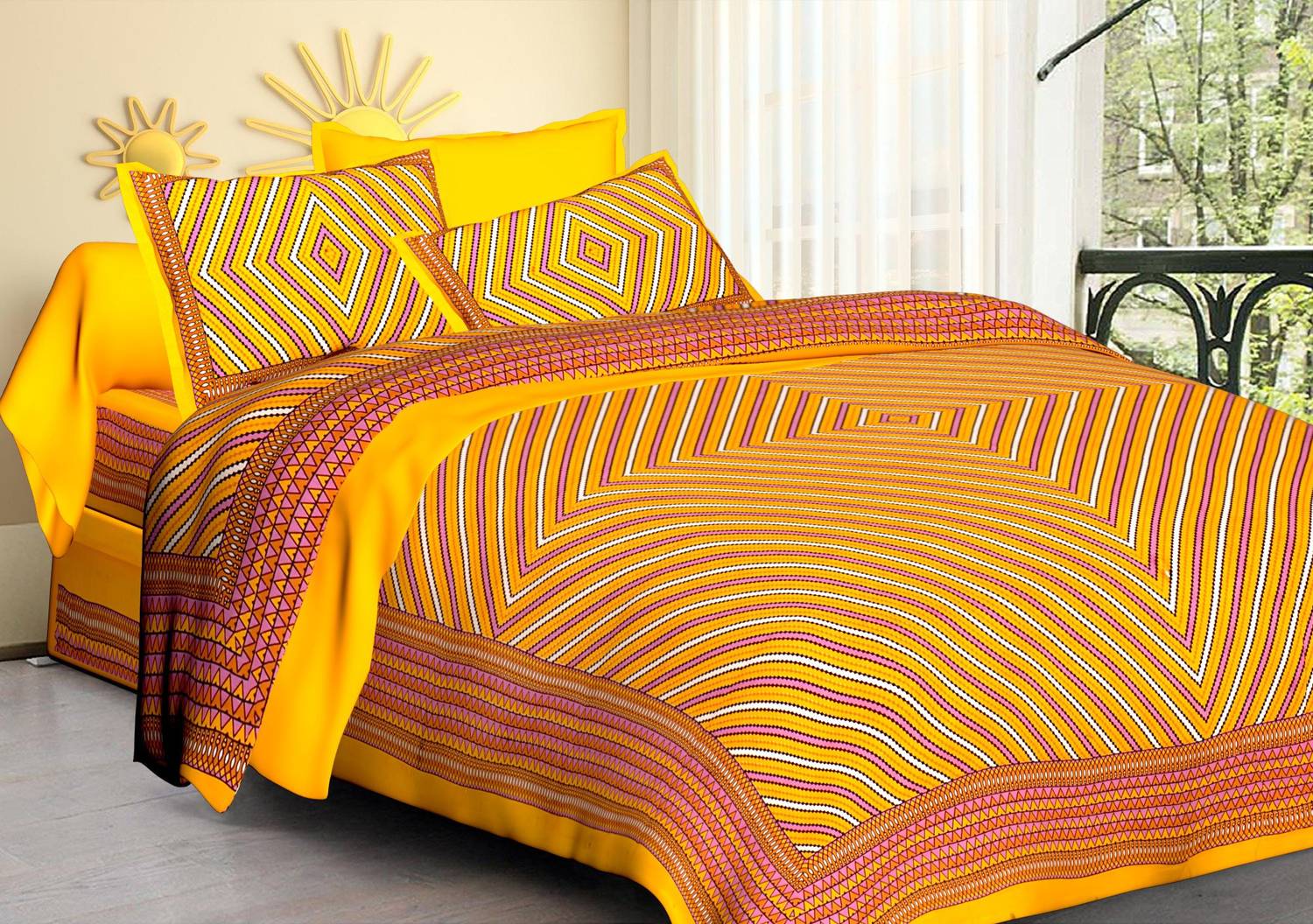Aadhira Interio Cotton King Flat 220 TC Striped 1 Bedsheet with 2 Pillow Covers