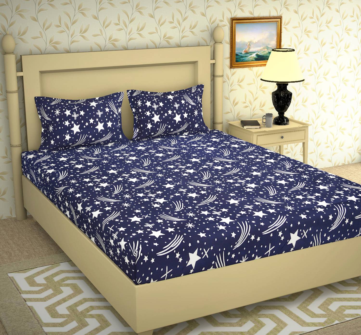 BEVI Microfiber Double Fitted & Flat 160 TC 3D Printed 1 Bedsheet with 2 Pillow Covers