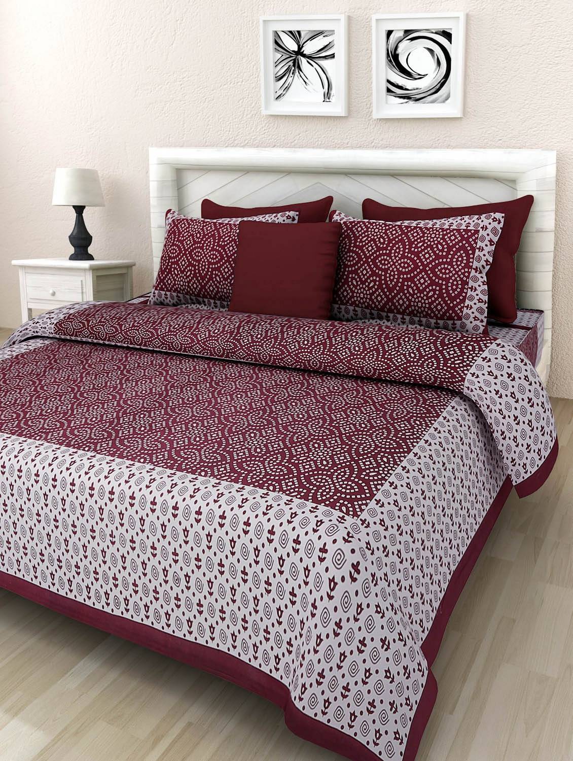 Aadhira Interio Cotton Double Flat 220 TC Jaipuri Prints 1 Bedsheet with 2 Pillow Covers