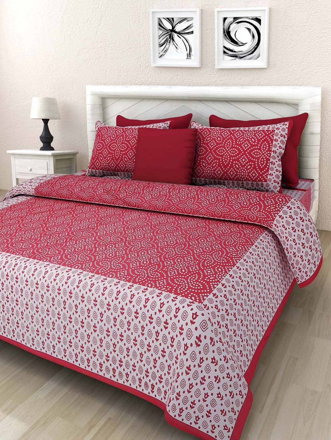 Aadhira Interio Cotton Double Flat 220 TC Jaipuri Prints 1 Bedsheet with 2 Pillow Covers