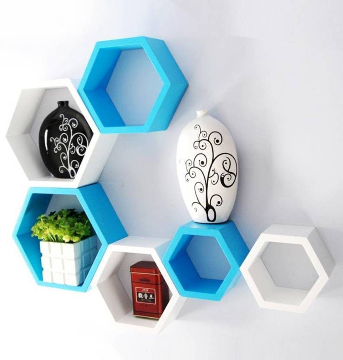 DECORASIA Wooden Wall Shelf (Number of Shelves - 6, Blue, White)